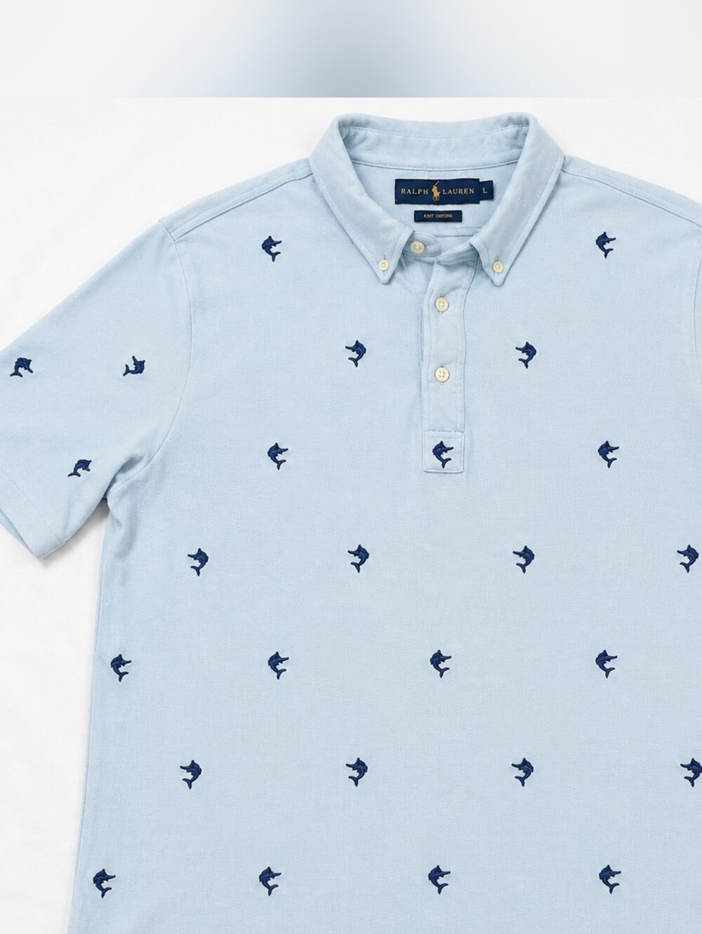 Ralph Lauren Knit Oxford Polo Shirt Large Blue Marlin Embroidered Fish